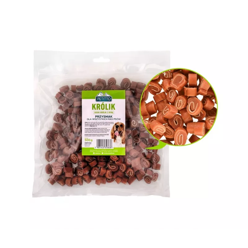 Hundetrainingsleckerlis PETITTO Sushi Kaninchen mit Fisch 500 g, Protein 28%, Fett 7%, Feuchtigkeit 23%