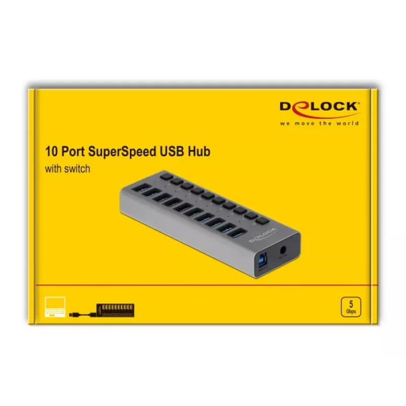 DeLOCK Externer 5 Gbps USB-Hub mit 10 Ports + Schalter