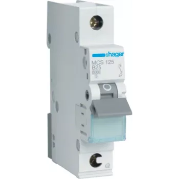 Hager MCS125. Bemessungsstrom: 25 A. Typ: C-Charakteristik, Modulanzahl (max.): 1 Modul(e). Breite: 17,5 mm, Tiefe: 70 mm, Höhe: 83,4 mm (MCS125)
