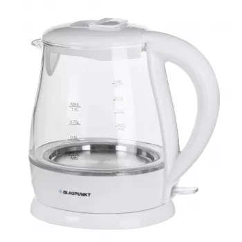 Elektrischer Wasserkocher BLAUPUNKT 1 L 1630 W Weiß — Glaskörper, 360°-Basis, Tastenöffnung