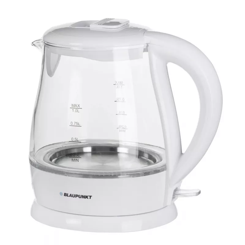 Elektrischer Wasserkocher BLAUPUNKT 1 L 1630 W Weiß — Glaskörper, 360°-Basis, Tastenöffnung