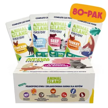 ANIMAL ISLAND Truthahn / Weißfisch / Rind / Hühnerfilets in Brühe - Nassfutter für Katzen - 80x85g