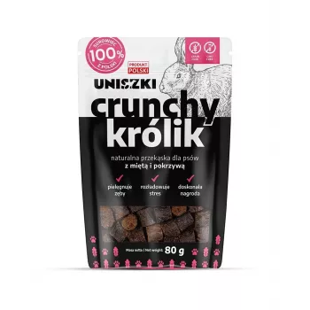 Hundeleckerlis UNISZKI Crunchy Kaninchen mit Minze und Brennnessel 80 g — Kaninchenfleisch, Minze, Brennnessel, knusprige Snacks