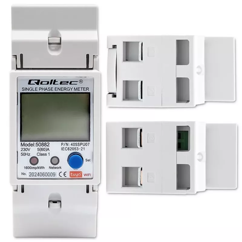 Qoltec 50882 Einphasiger elektronischer Energieverbrauchszähler für Hutschiene | Wi-Fi | TUYA | 230V | LCD
