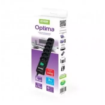 Mehrfachsteckdose EVER Optima 3 m Kabel, 6 AC-Steckdosen, 250 V, 10 A, Überspannungsschutz 175 J, schwarz