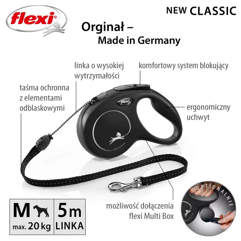 Rollleine Flexi Classic 5 m Schwarz für mittelgroße Hunde, Schnur, max. Belastung 20 kg, reflektierende Elemente