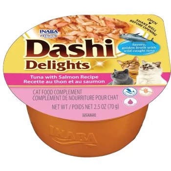 Nassfutter für Katzen INABA Dashi Delights Thunfisch mit Lachs Rezept, 70 g, Ergänzungsnassfutter, 90 % Feuchtigkeit, gluten- und sojafrei