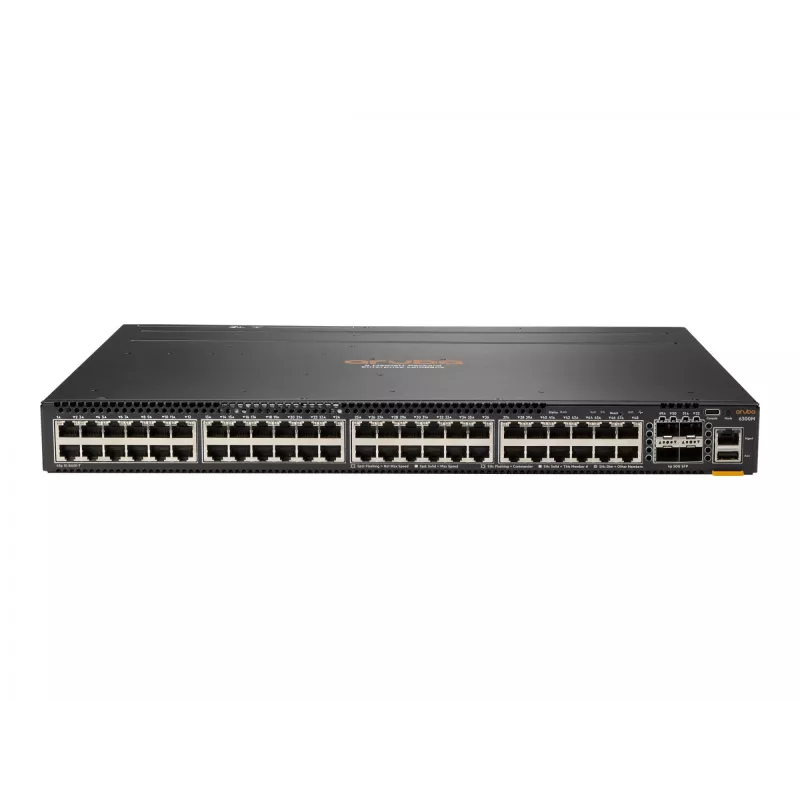 HPE - Aruba 6300M - Switch - L3 - managed - 48 x 10/100/1000 (1 PoE+) + 4 x 1 Gigabit / 10 Gigabit / 25 Gigabit / 50 Gigabit SFP56 (Uplink / Stacking) Front und Seite zu Hinterseite