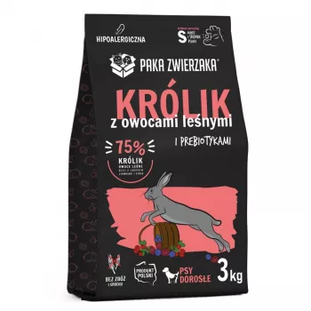 Trockenfutter PAKA ZWIERZAKA Kaninchen mit Waldfrüchten S 3 kg — für ausgewachsene Hunde kleiner und mittlerer Rassen, 29 % Protein, 16 % Fett, gluten- und sojafrei