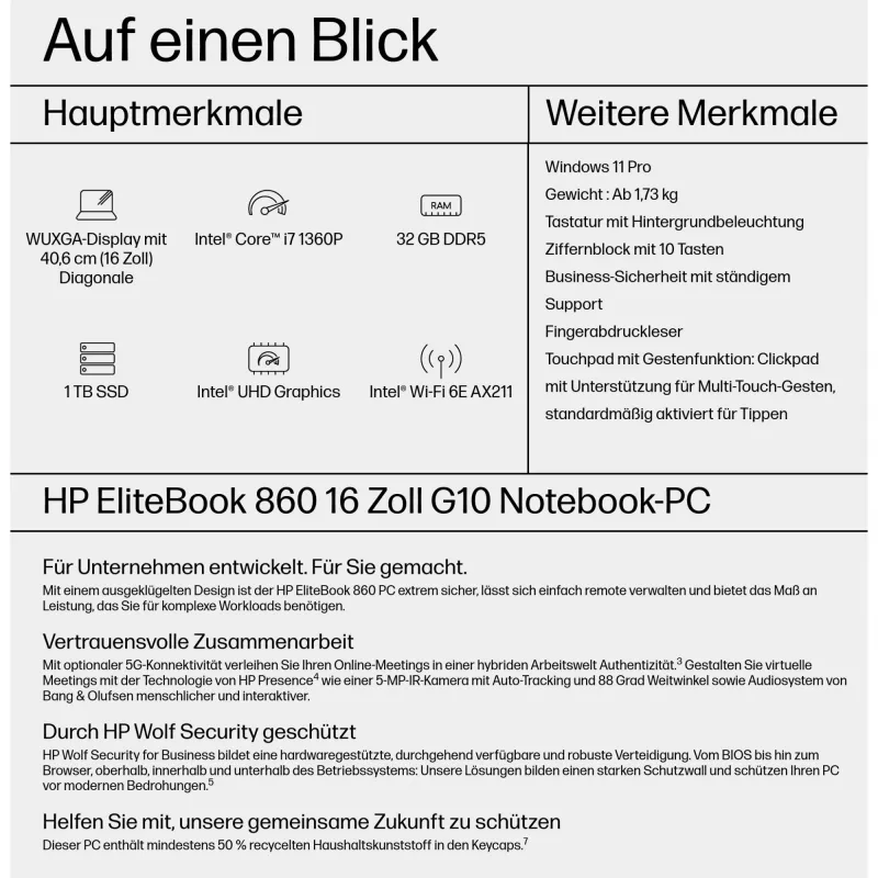 HP EliteBook 860 G10 Notebook - Intel Core i7 1360P / 1,9 GHz - Evo - Win 11 Pro - Intel Iris Xe Grafikkarte - 32 GB RAM - 1 TB SSD NVMe, TLC - 40,64 cm (16)