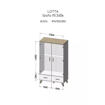 Kleiderschrank cama meble LOTTA 2D2D, 2 Türen, Sonoma-Eiche-Rahmen mit weißen Fronten, 1100×550×1900 mm