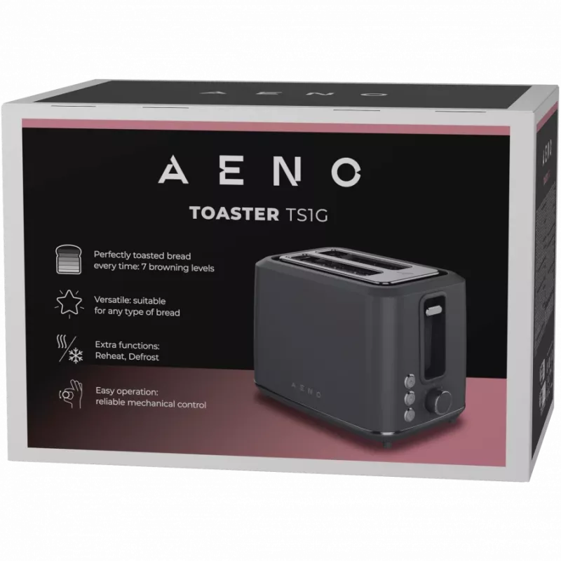 Elektrischer Toaster AENO ATS0001G — 2-Schlitz, 220–240 V 50–60 Hz, 920–1080 W, 3 Modi, 7 Bräunungsstufen, Grau