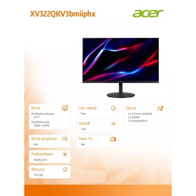 Monitor 32 Zoll XV322QKV3bmiiphx IPS 160Hz UHD 4K 0,5/350cd/m2 HDMIx2 DP SPEAKER H:090
