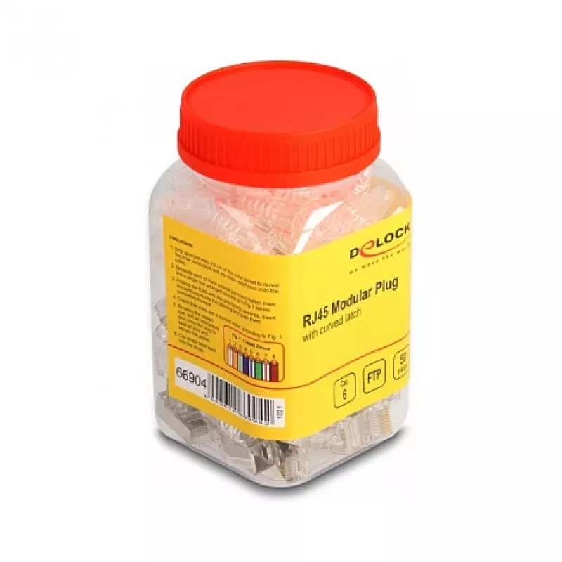 DeLOCK RJ45 Modularstecker Cat.6 mit gebogenem Rasthebelschutz und Knickschutz, 50 Stück