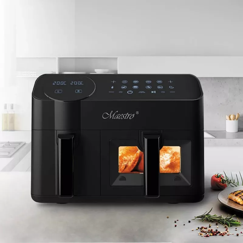 Elektrische Heißluftfritteuse Maestro MR-760 – Tischgerät mit Doppelkonstruktion, 3,5 L + 6 L, Touch-Steuerung, 2000–2400 W, schwarz