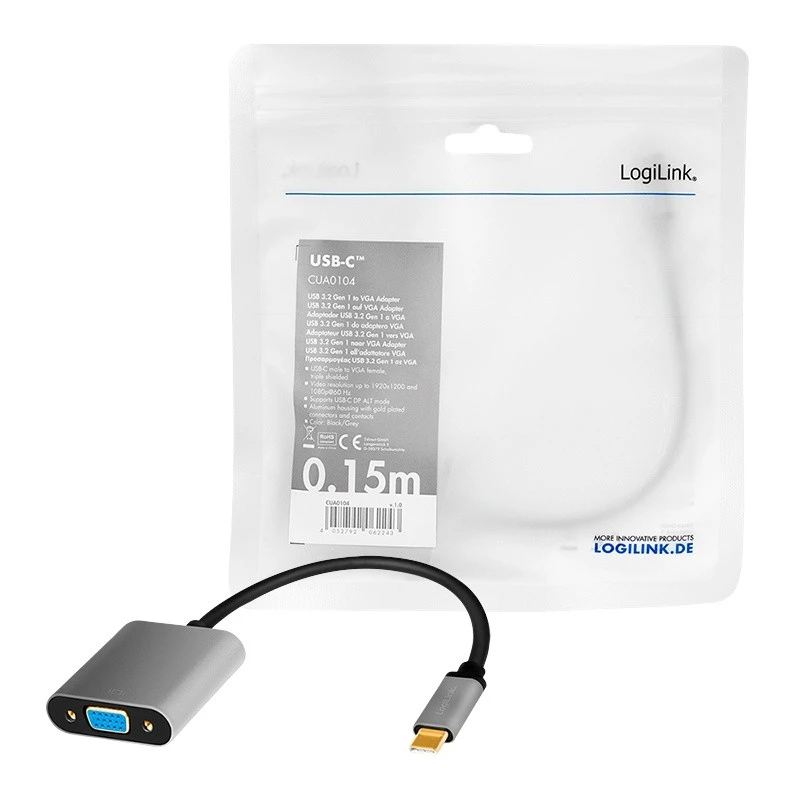 USB-Typ-C-auf-VGA-(D-Sub)-Video-Adapterkabel LOGILINK CUA0104 0,15 m, grau/schwarz
