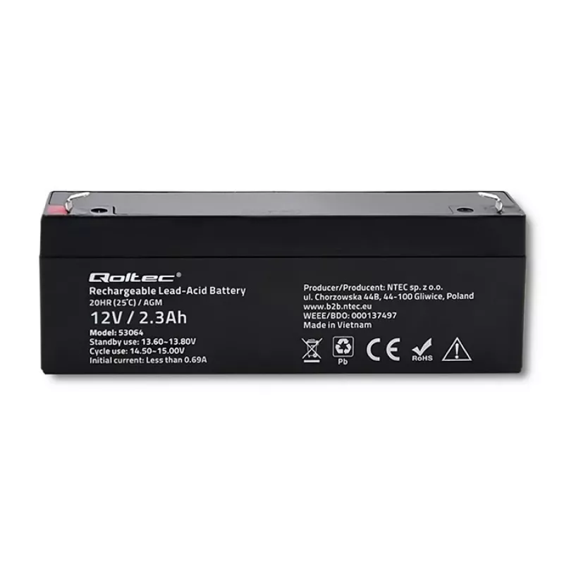 Versiegelte AGM-Batterie QOLTEC 12V 2,3Ah für USV- und Backup-Systeme, max. Entladung 34,5A