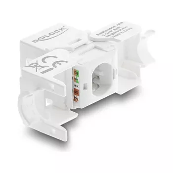 Keystone-Modul DELOCK RJ45 auf LSA Cat.6 UTP werkzeugfrei mit Staubschutzkappe, flach, 16×31,8×19,4 mm, Weiß/Schwarz