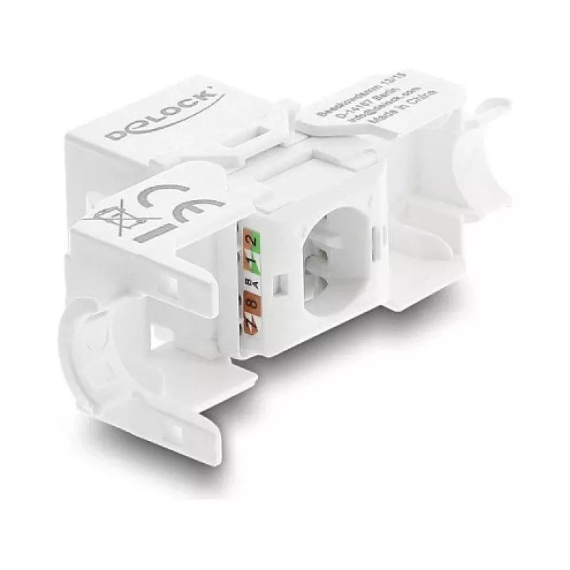 Keystone-Modul DELOCK RJ45 auf LSA Cat.6 UTP werkzeugfrei mit Staubschutzkappe, flach, 16×31,8×19,4 mm, Weiß/Schwarz