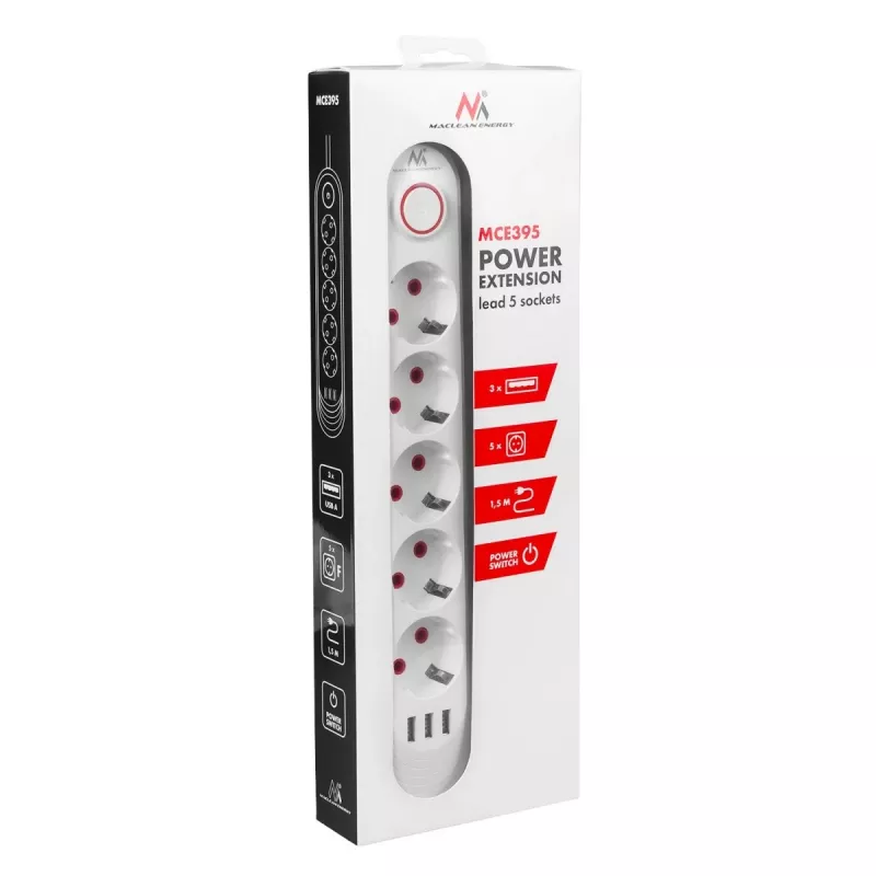 Mehrfachsteckdose MACLEAN MCE395 W — 5 Steckdosen, 3× USB A, 110–240 V AC, 2,1 A USB, max. 2500 W, weiß, 1,5 m Kabel