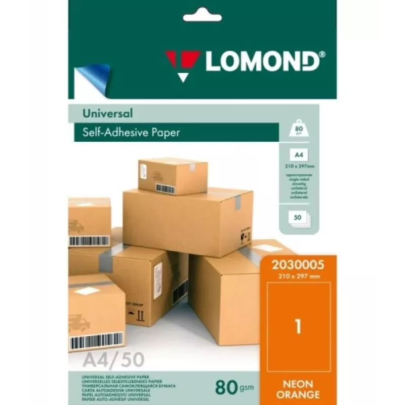 Lomond selbstklebende Papier-Universaletiketten, 1/210x297, A4, 50 Blatt, Orange neon
