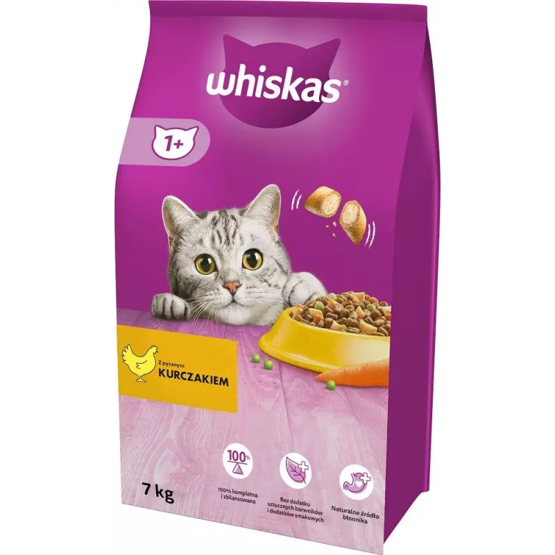 Trockenfutter für Katzen Whiskas Adult mit Huhn 7 kg – Erwachsenenkroketten, 30,8 % Protein, 12 % Fett