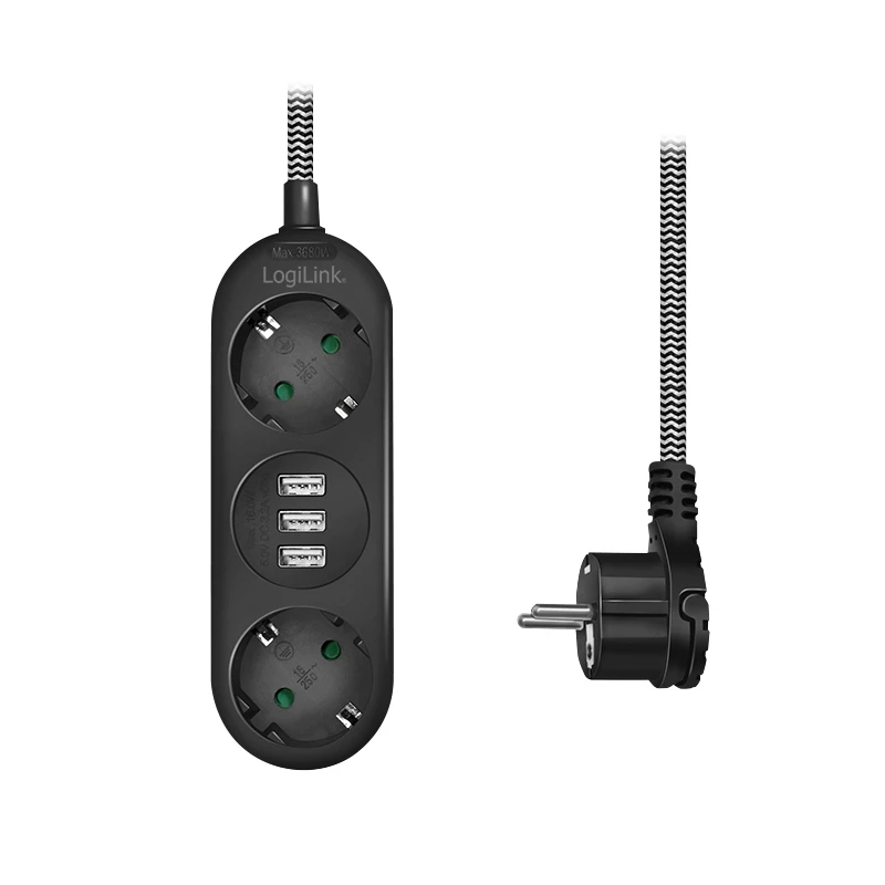 Stromverlängerungskabel LogiLink LPS262U 1,5 m 2 AC-Steckdosen Innenbereich Schwarz