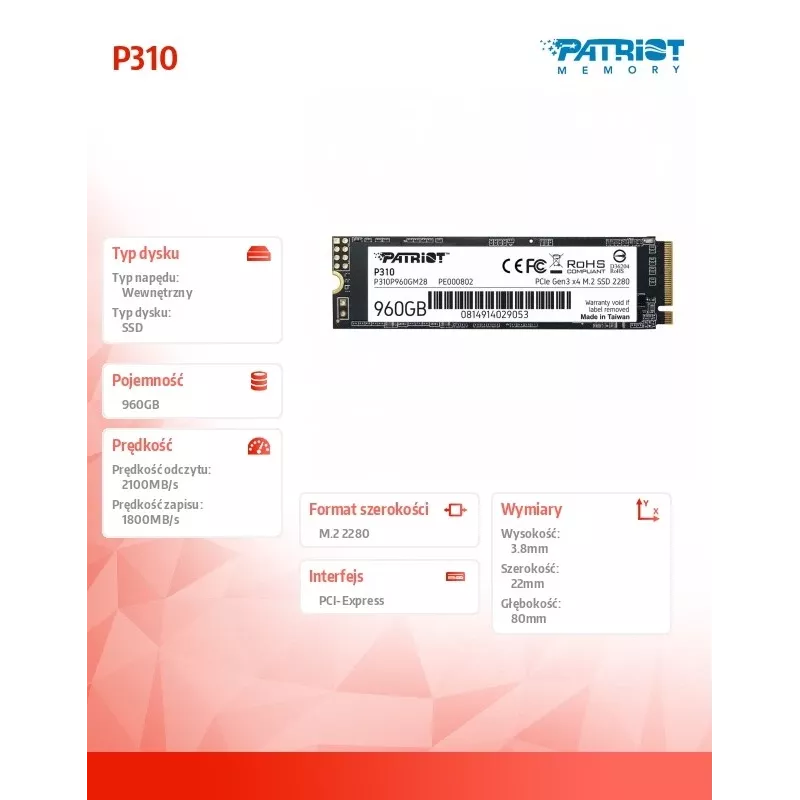 SSD-Laufwerk Patriot Memory 960 GB M.2 PCI Express 4.0 NVMe P310P960GM28