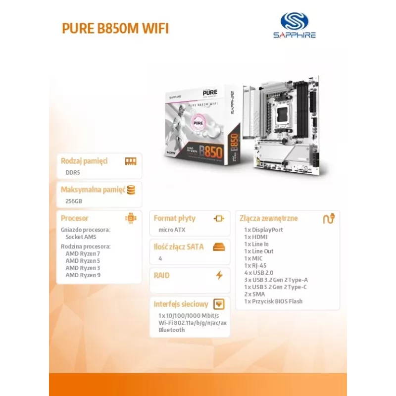 Mainboard Sapphire PURE B850M WIFI Micro ATX — AMD B850, Sockel AM5, DDR5 bis zu 8000 MHz, 4 DIMM, Wi‑Fi 6, 2,5 Gb LAN, 2× M.2, PCIe 5.0 x16