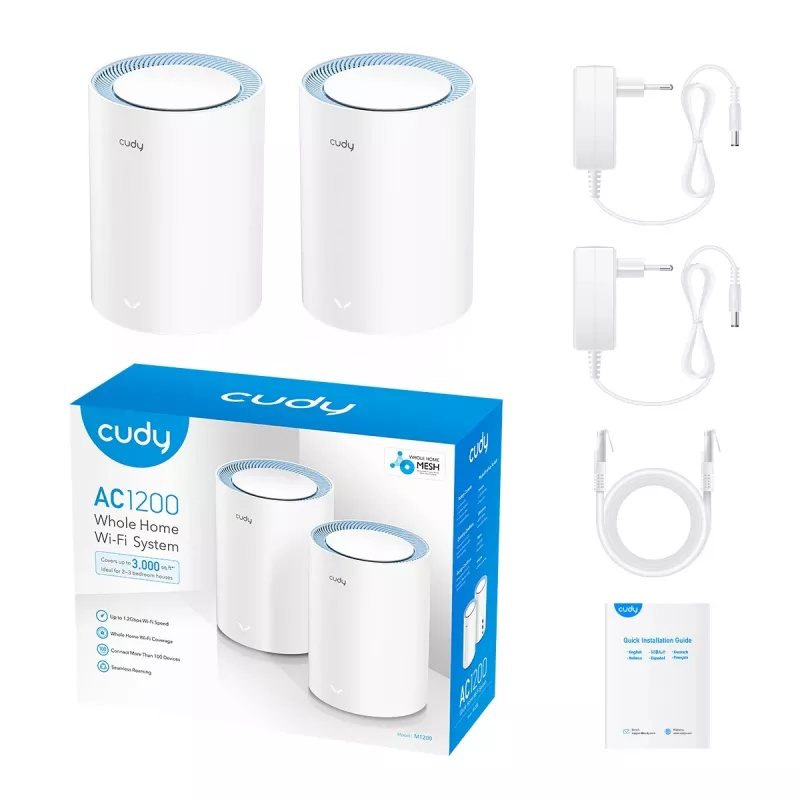 Mesh-System Cudy M1200 2er-Pack – Dualband-Wi-Fi 5 (300/867 Mbit/s), 2 Einheiten, 1x LAN-Port, unterstützt 100 Geräte