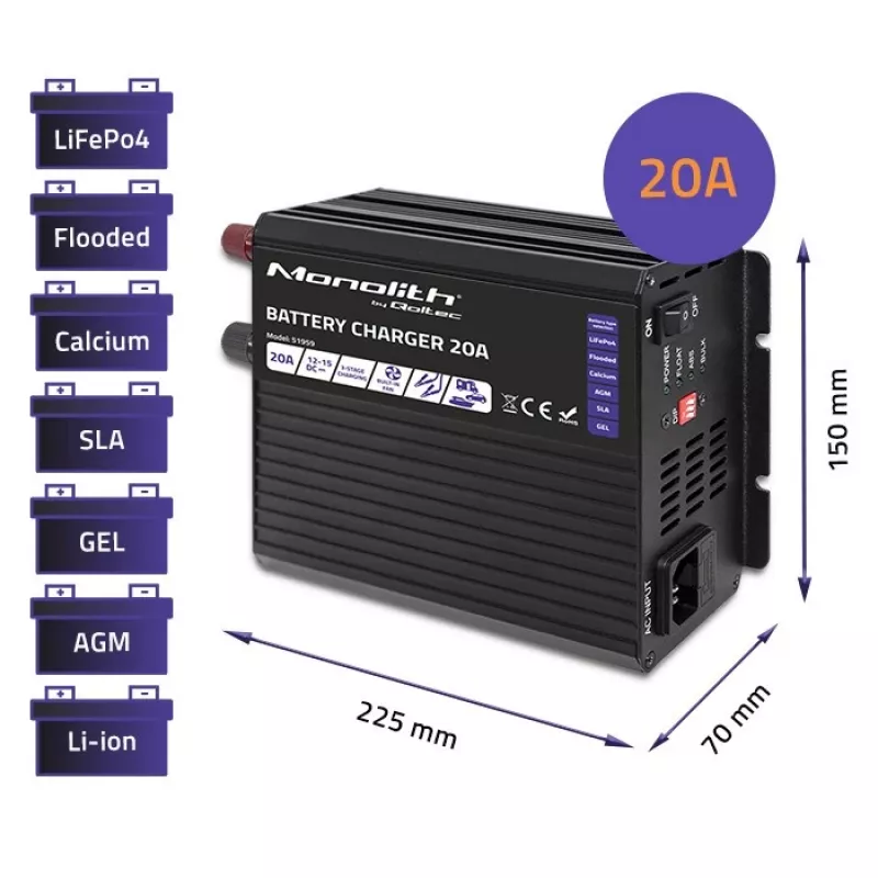 Ladegerät QOLTEC Monolith 20 A 12 V für LiFePO4-, AGM-, GEL-, SLA-Batterien