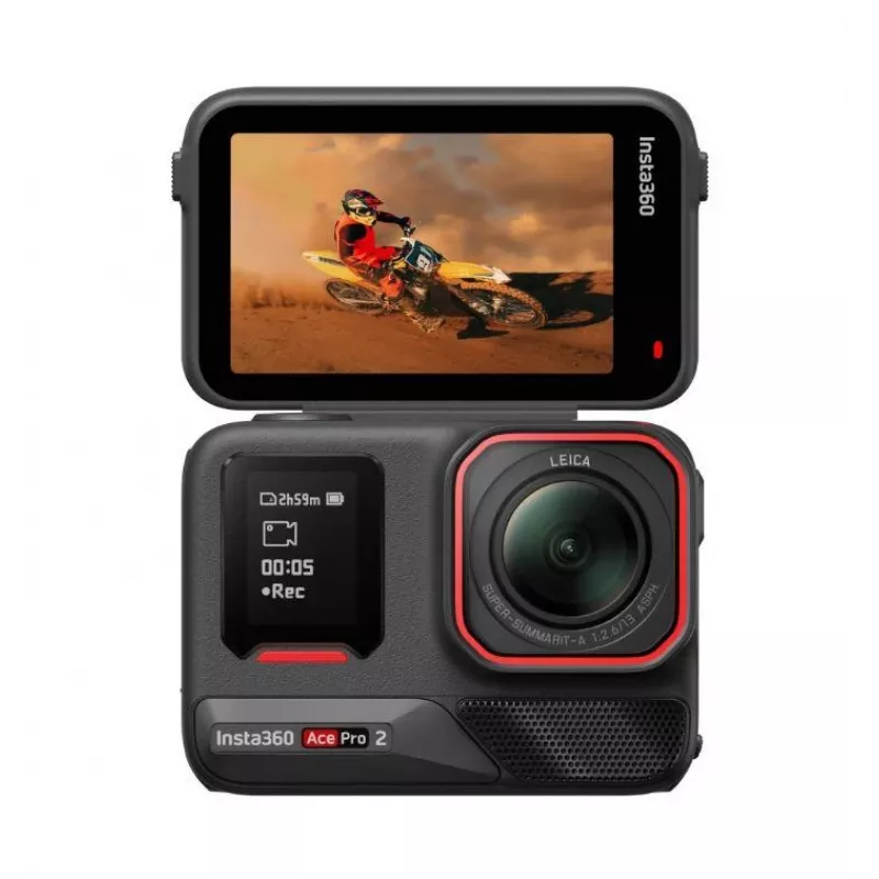 Action-Sportkamera Insta360 Ace Pro 2 — 50 MP, 8K Ultra HD (7680×3272), 1/1,3-Zoll-Sensor, bis zu 240 fps, integriertes Display, Wi‑Fi, MicroSD, 177,7 g, Schwarz