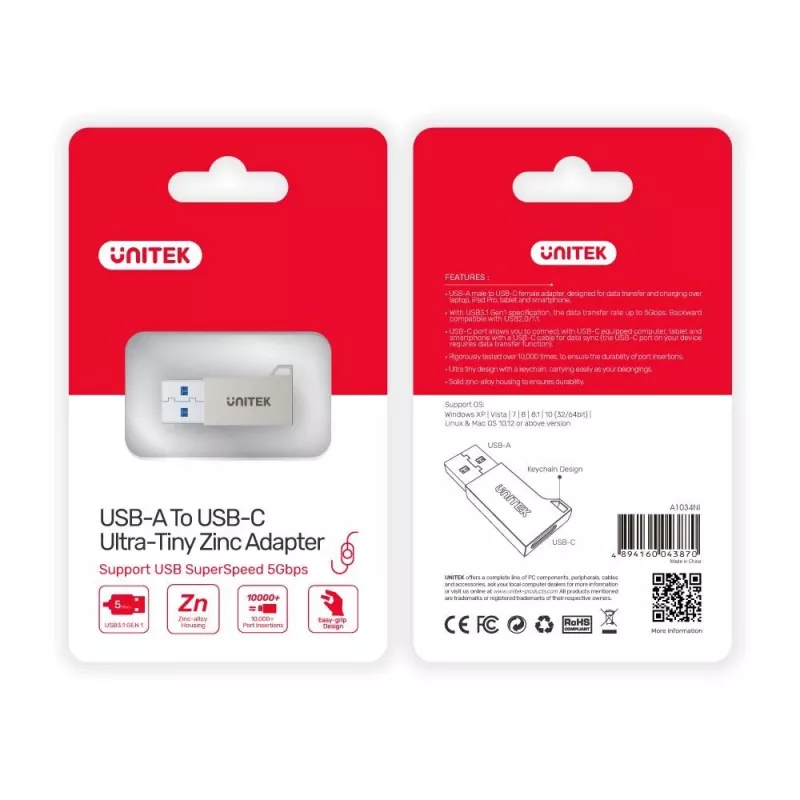 USB Typ-A Adapter Unitek A1034NI, Silber, USB 2.0/3.2 Gen1, bis zu 5 Gbit/s, Zinkgehäuse, 36×16,7×5,7 mm