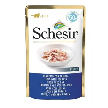 Nassfutter für Katzen Schesir Single Dish Thunfisch mit Wolfsbarsch 50 g Beutel