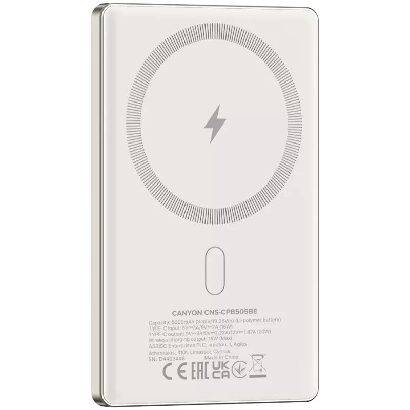 Canyon OnPower 505 - Powerbank - 5.000 mAh - in USB-C - out USB-C PD 20W + Wireless Magnet 1