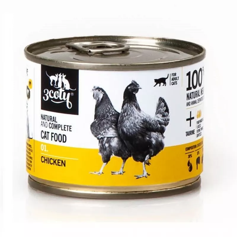 Nassfutter für Katzen 3coty 01 Huhn 180 g — Alleinfuttermittel in Dose für ausgewachsene Katzen, Protein 19 %, Fett 9 %