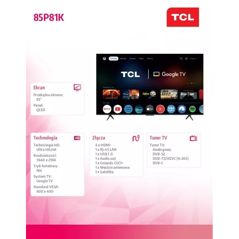 TV TCL 85P81K 85 Zoll QLED 4K, Energieeffizienzklasse F