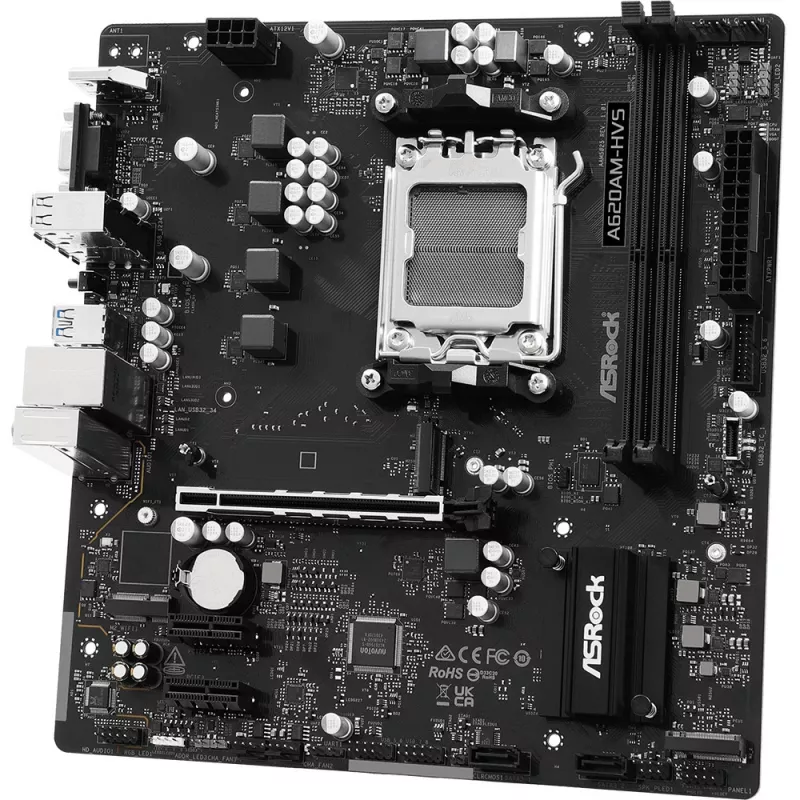 Motherboard ASRock A620AM-HVS Micro ATX — AMD A620A-Chipsatz, Sockel AM5, DDR5, 2 DIMM, bis zu 128 GB, HDMI 2.1, M.2 2280
