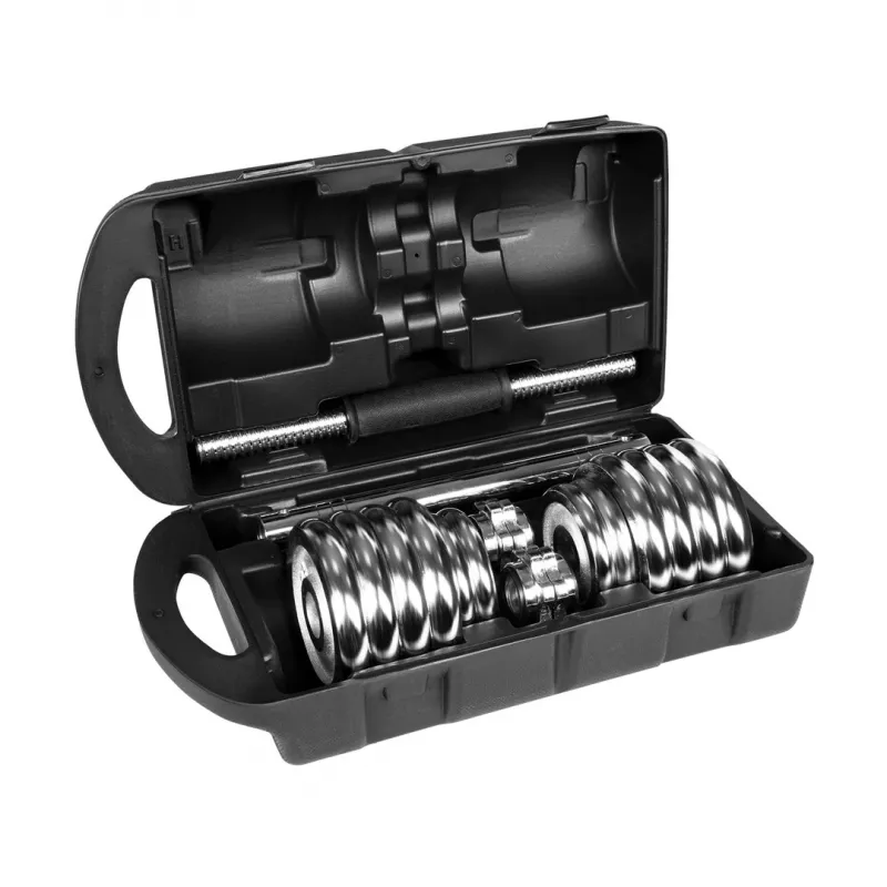 REBEL ACTIVE Chrome Verstellbare Hanteln im Koffer 15 kg mit Langhantelstange