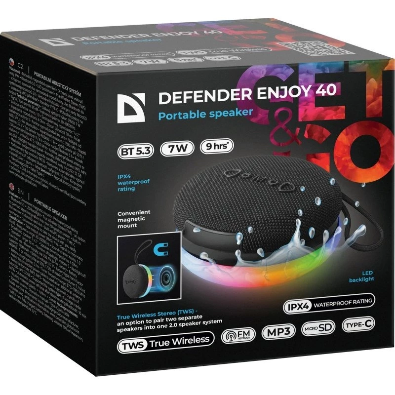 Tragbarer Bluetooth-Lautsprecher DEFENDER ENJOY 40 — 7 W RMS, Bluetooth 5.3, LED-Beleuchtung, LiPo-Akku, 9 h, schwarz
