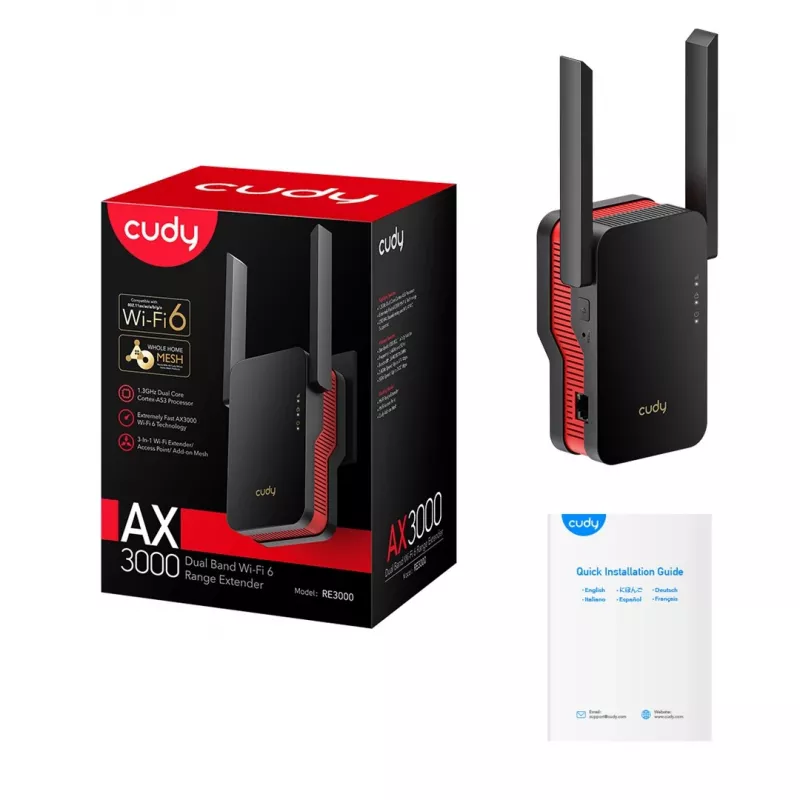 Wi‑Fi Signalverstärker Cudy RE3000 2400–5000 MHz, 802.11ax/ac/n/g/b/a, Ethernet 100 Mbps, externe Antenne, schwarz/rot