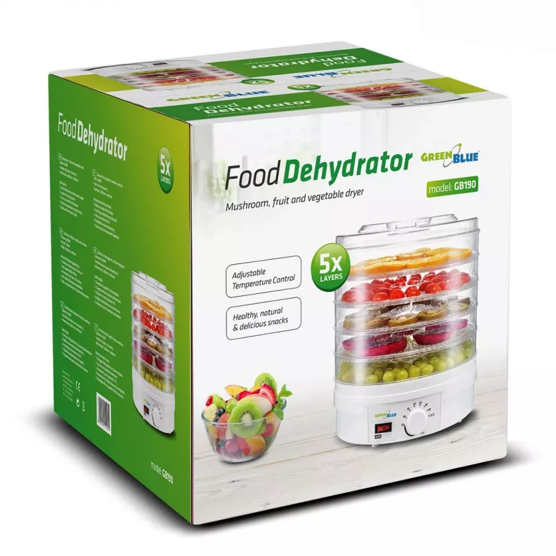 Dörrautomat GreenBlue GB190 mit 5 Tabletts, 250 W, einstellbarer Temperatur, 32 cm Tablettdurchmesser
