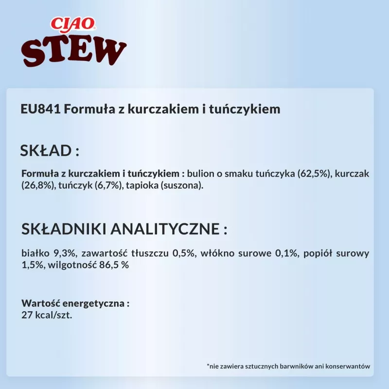 Nasses Katzenleckerli INABA Ciao Stew Chicken & Tuna 40 g Beutel, fleischhaltiger Sachet, 86,5 % Feuchtigkeit