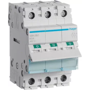 Hager SBN380. Nennstrom: 80 A, Spulenspannung (max.): 440 V. Modulanzahl (max.): 3 Module. Breite: 52,5 mm, Tiefe: 68 mm, Höhe: 83 mm (SBN380)