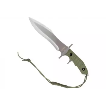 Feststehendes Messer Cinema Classic CC-H5 Rambo V — Überlebensmesser, Stahlklinge 230 mm, Gesamtlänge 385 mm, grüner Polymergriff, Lederscheide