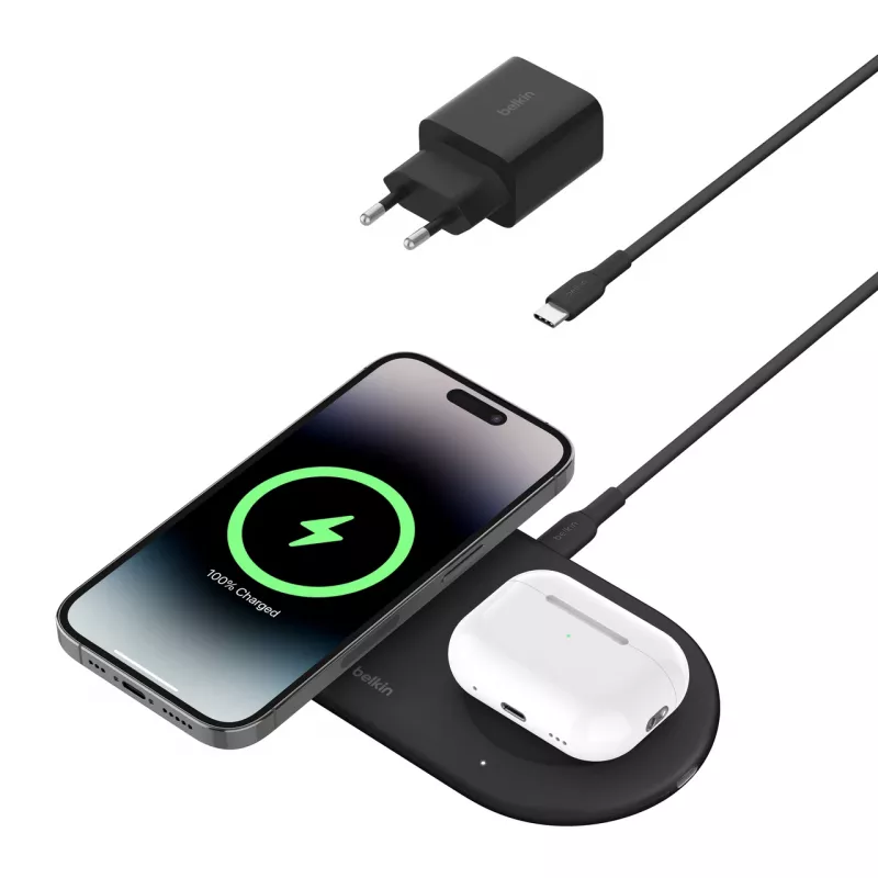 Belkin WIZ021VFBK – 2-in-1 kabellose Ladestation mit Qi2-Technologie 15 W, Schwarz