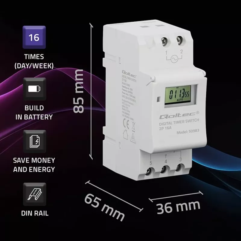 DIN-Schienen elektronischer Zeitschalter QOLTEC 50983, batteriebetrieben, für Automatisierungsschaltungen