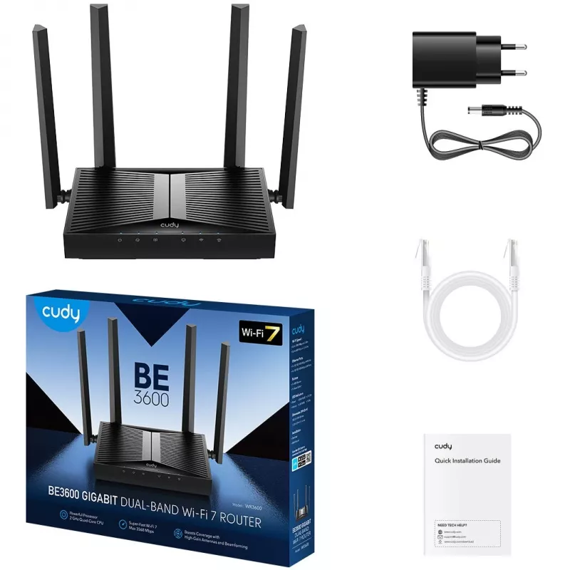 Tischrouter Cudy WR3600 Dualband Wi‑Fi 7 (802.11be), bis zu 2882 Mbit/s, 4× Gigabit LAN, 1× WAN, Schwarz