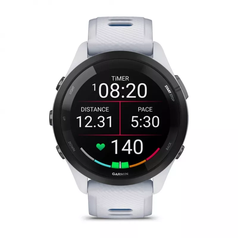 Smartwatch GARMIN Forerunner 265 — 46 mm GFRP-Gehäuse, AMOLED 1,3 Zoll, GPS/GLONASS/Galileo, 15 Tage Akkulaufzeit, 5 ATM, Silikonarmband