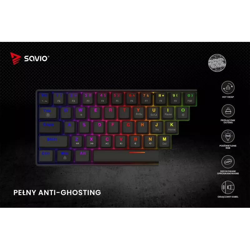 Mechanische Gaming-Tastatur SAVIO SchwarzOUT X2 PEACH — 61 Tasten 60 % QWERTZ, RGB LED, Hot-Swap, USB Typ-A/Typ-C, abnehmbares Kabel
